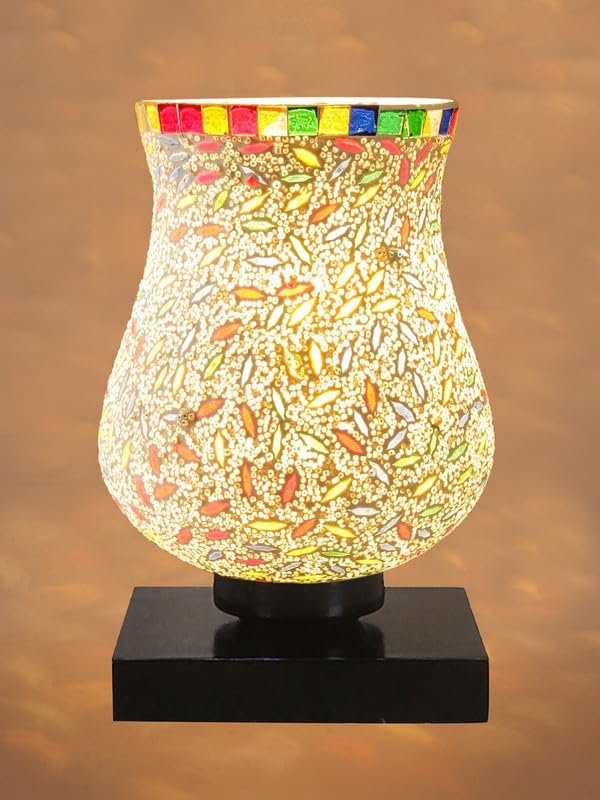 Multicolor Table Lamp | Artistic Mosaic Glass with Sturdy Wood Base | Decorative Ambient Light for Home D�cor | Perfect Blend of Modern & Traditional Style - Model DNM18