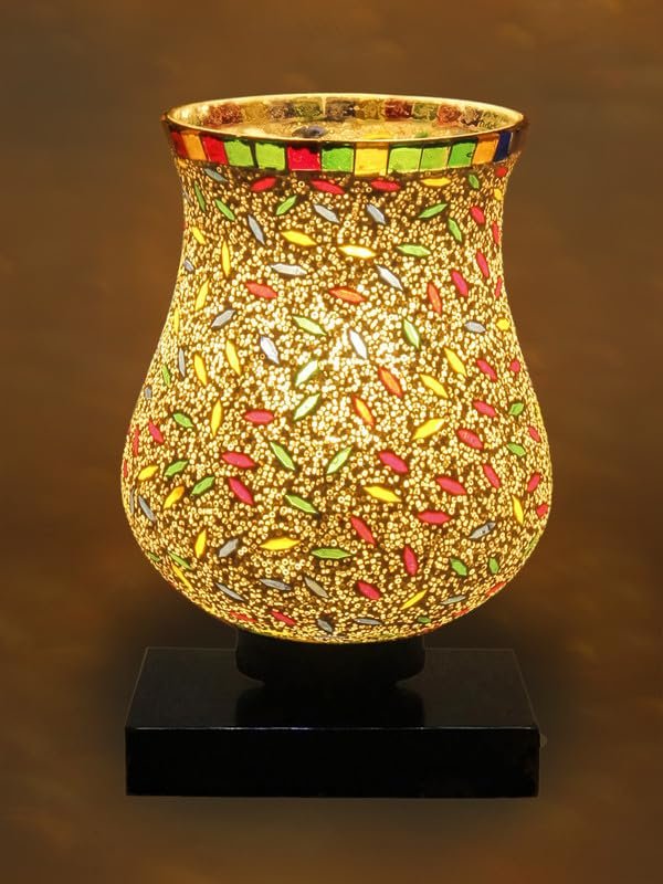 Multicolor Table Lamp | Artistic Mosaic Glass with Sturdy Wood Base | Decorative Ambient Light for Home D�cor | Perfect Blend of Modern & Traditional Style - Model DNM18