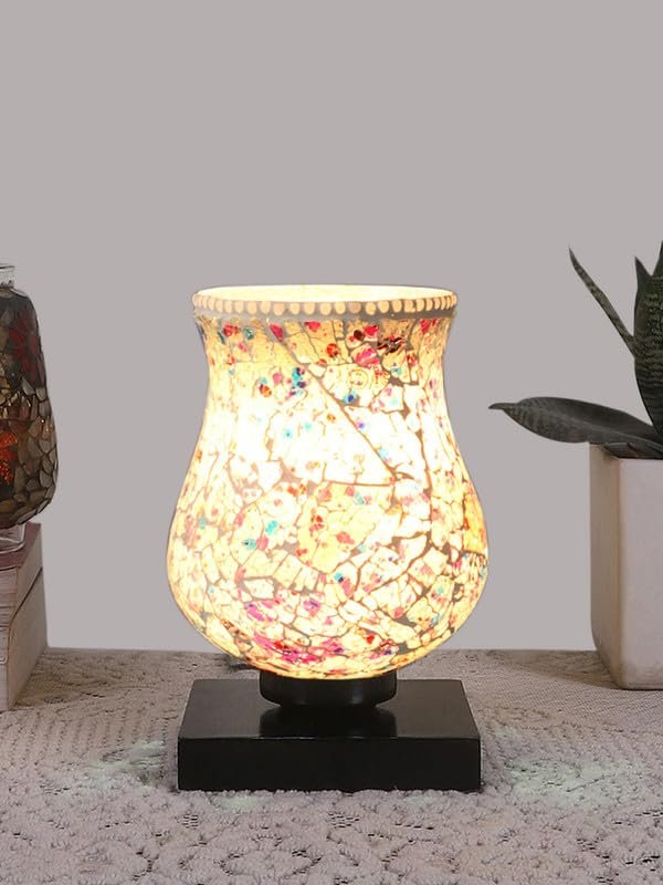 Multicolor Table Lamp | Artistic Mosaic Glass with Sturdy Wood Base | Decorative Ambient Light for Home D�cor | Perfect Blend of Modern & Traditional Style - Model DNM20