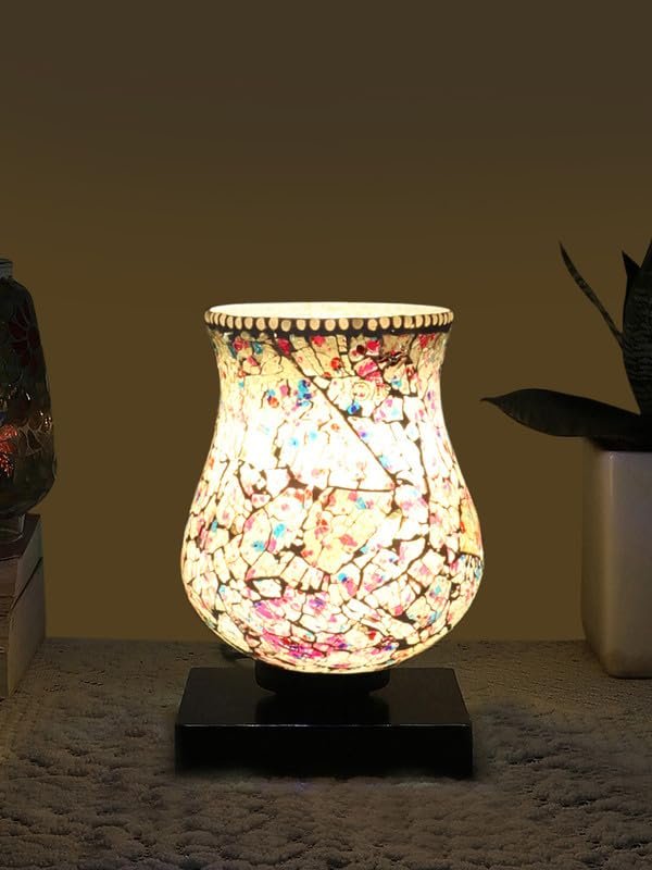 Multicolor Table Lamp | Artistic Mosaic Glass with Sturdy Wood Base | Decorative Ambient Light for Home D�cor | Perfect Blend of Modern & Traditional Style - Model DNM20