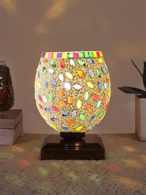 Multicolor Table Lamp | Artistic Mosaic Glass with Sturdy Wood Base | Decorative Ambient Light for Home D�cor | Perfect Blend of Modern & Traditional Style - Model DNM33
