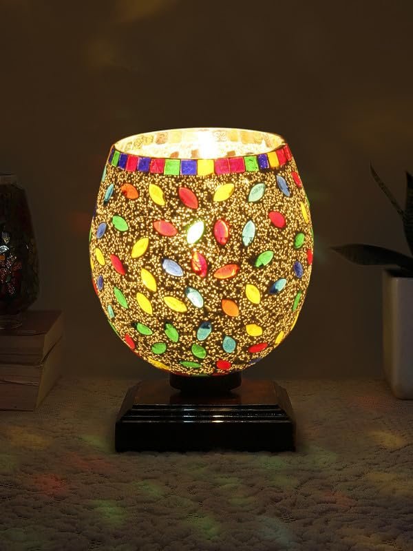 Multicolor Table Lamp | Artistic Mosaic Glass with Sturdy Wood Base | Decorative Ambient Light for Home D�cor | Perfect Blend of Modern & Traditional Style - Model DNM33