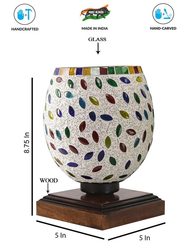 Multicolor Table Lamp | Artistic Mosaic Glass with Sturdy Wood Base | Decorative Ambient Light for Home D�cor | Perfect Blend of Modern & Traditional Style - Model DNM33