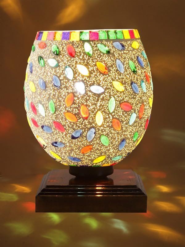 Multicolor Table Lamp | Artistic Mosaic Glass with Sturdy Wood Base | Decorative Ambient Light for Home D�cor | Perfect Blend of Modern & Traditional Style - Model DNM33