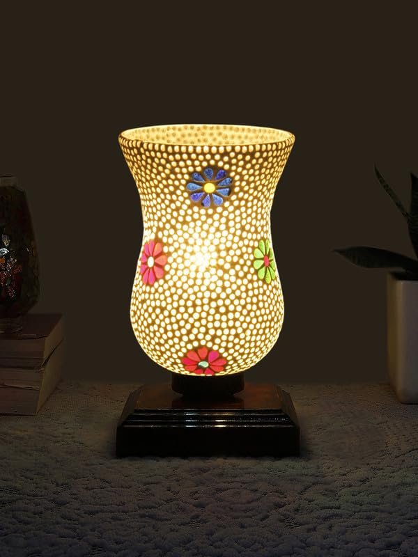 Multicolor Table Lamp | Artistic Mosaic Glass with Sturdy Wood Base | Decorative Ambient Light for Home D�cor | Perfect Blend of Modern & Traditional Style - Model DNM34