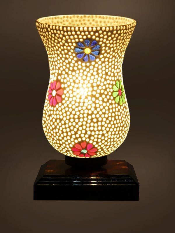 Multicolor Table Lamp | Artistic Mosaic Glass with Sturdy Wood Base | Decorative Ambient Light for Home D�cor | Perfect Blend of Modern & Traditional Style - Model DNM34