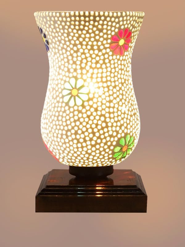 Multicolor Table Lamp | Artistic Mosaic Glass with Sturdy Wood Base | Decorative Ambient Light for Home D�cor | Perfect Blend of Modern & Traditional Style - Model DNM34