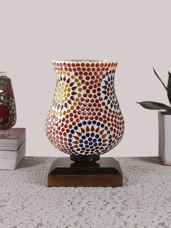 Multicolor Table Lamp | Artistic Mosaic Glass with Sturdy Wood Base | Decorative Ambient Light for Home D�cor | Perfect Blend of Modern & Traditional Style - Model DNM35