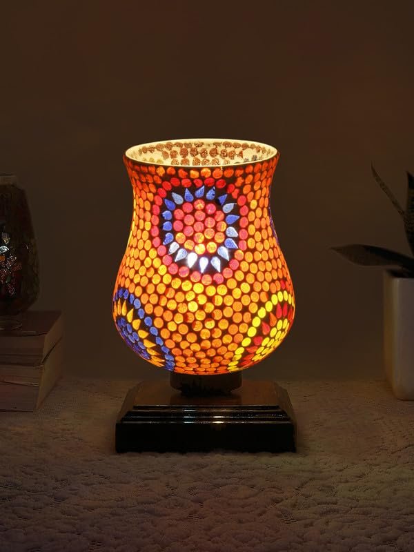 Multicolor Table Lamp | Artistic Mosaic Glass with Sturdy Wood Base | Decorative Ambient Light for Home D�cor | Perfect Blend of Modern & Traditional Style - Model DNM35
