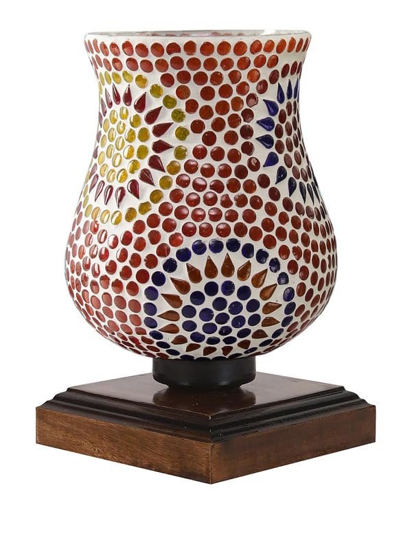 Multicolor Table Lamp | Artistic Mosaic Glass with Sturdy Wood Base | Decorative Ambient Light for Home D�cor | Perfect Blend of Modern & Traditional Style - Model DNM35