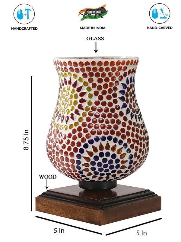 Multicolor Table Lamp | Artistic Mosaic Glass with Sturdy Wood Base | Decorative Ambient Light for Home D�cor | Perfect Blend of Modern & Traditional Style - Model DNM35