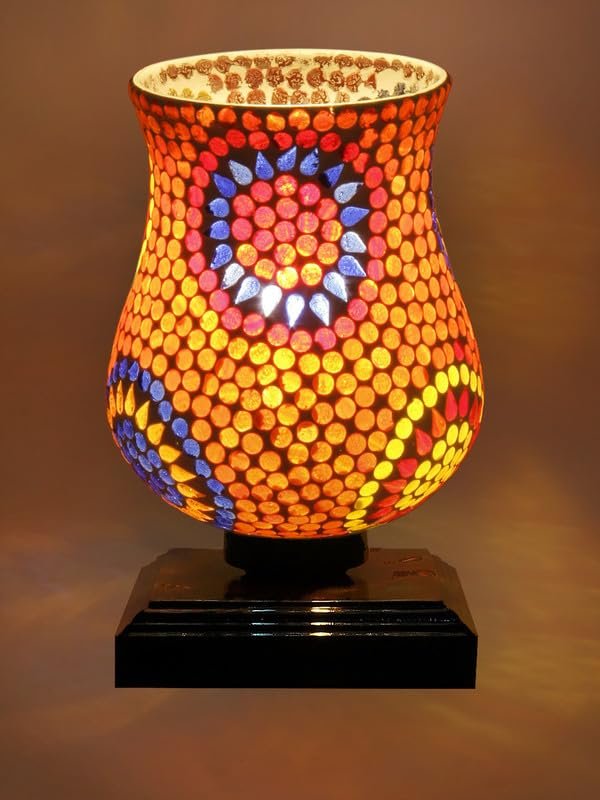 Multicolor Table Lamp | Artistic Mosaic Glass with Sturdy Wood Base | Decorative Ambient Light for Home D�cor | Perfect Blend of Modern & Traditional Style - Model DNM35