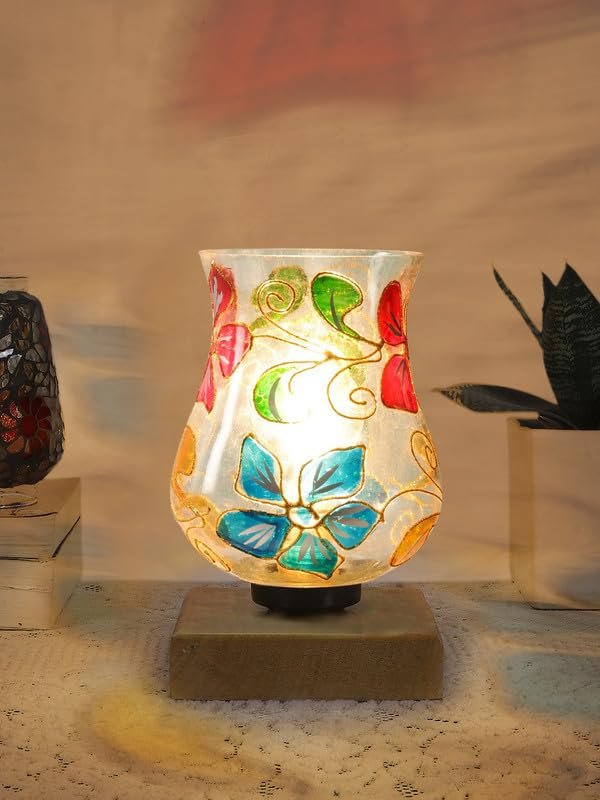 Multicolor Table Lamp | Artistic Mosaic Glass with Sturdy Wood Base | Decorative Ambient Light for Home D�cor | Perfect Blend of Modern & Traditional Style - Model DNM56