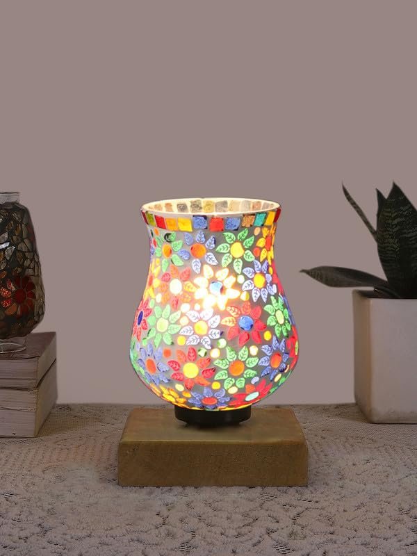Multicolor Table Lamp | Artistic Mosaic Glass with Sturdy Wood Base | Decorative Ambient Light for Home D�cor | Perfect Blend of Modern & Traditional Style - Model DNM61