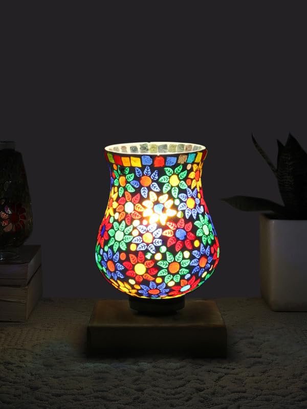 Multicolor Table Lamp | Artistic Mosaic Glass with Sturdy Wood Base | Decorative Ambient Light for Home D�cor | Perfect Blend of Modern & Traditional Style - Model DNM61