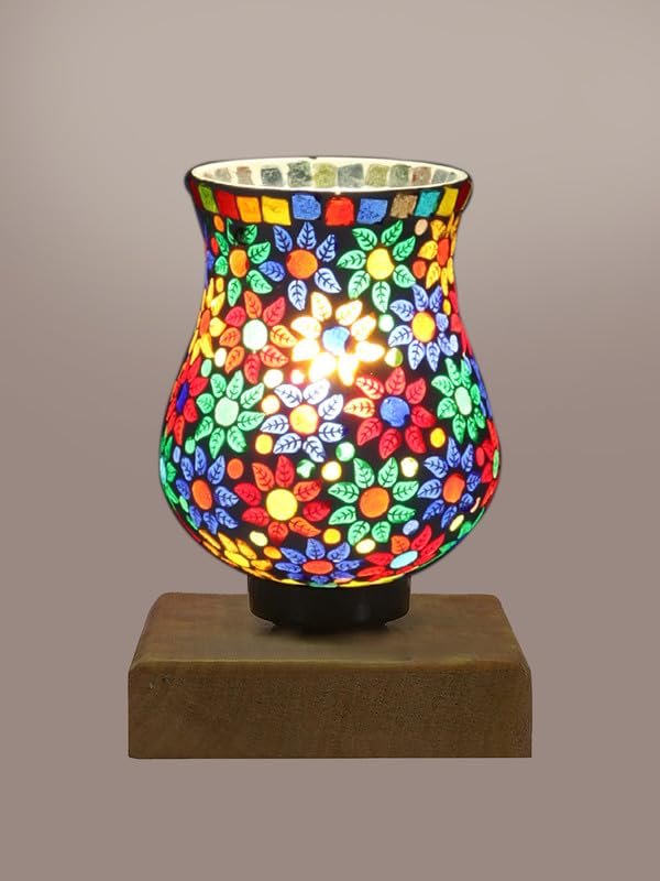 Multicolor Table Lamp | Artistic Mosaic Glass with Sturdy Wood Base | Decorative Ambient Light for Home D�cor | Perfect Blend of Modern & Traditional Style - Model DNM61