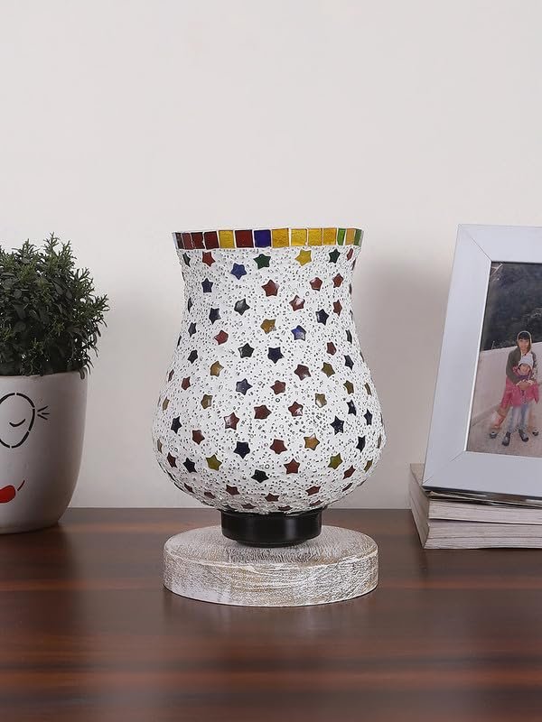 Multicolor Table Lamp | Artistic Mosaic Glass with Sturdy Wood Base | Decorative Ambient Light for Home D�cor | Perfect Blend of Modern & Traditional Style - Model DNM86