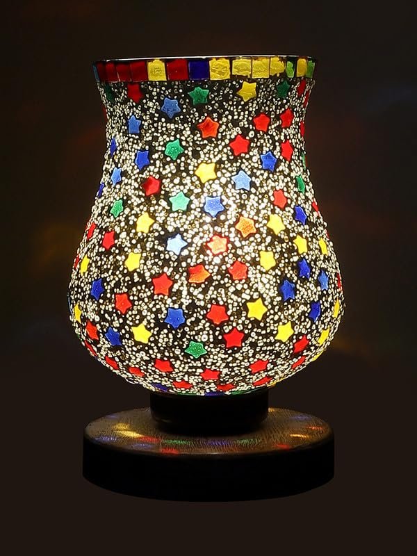 Multicolor Table Lamp | Artistic Mosaic Glass with Sturdy Wood Base | Decorative Ambient Light for Home D�cor | Perfect Blend of Modern & Traditional Style - Model DNM86