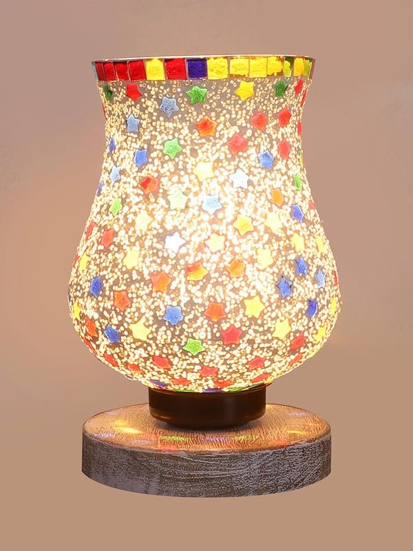 Multicolor Table Lamp | Artistic Mosaic Glass with Sturdy Wood Base | Decorative Ambient Light for Home D�cor | Perfect Blend of Modern & Traditional Style - Model DNM86
