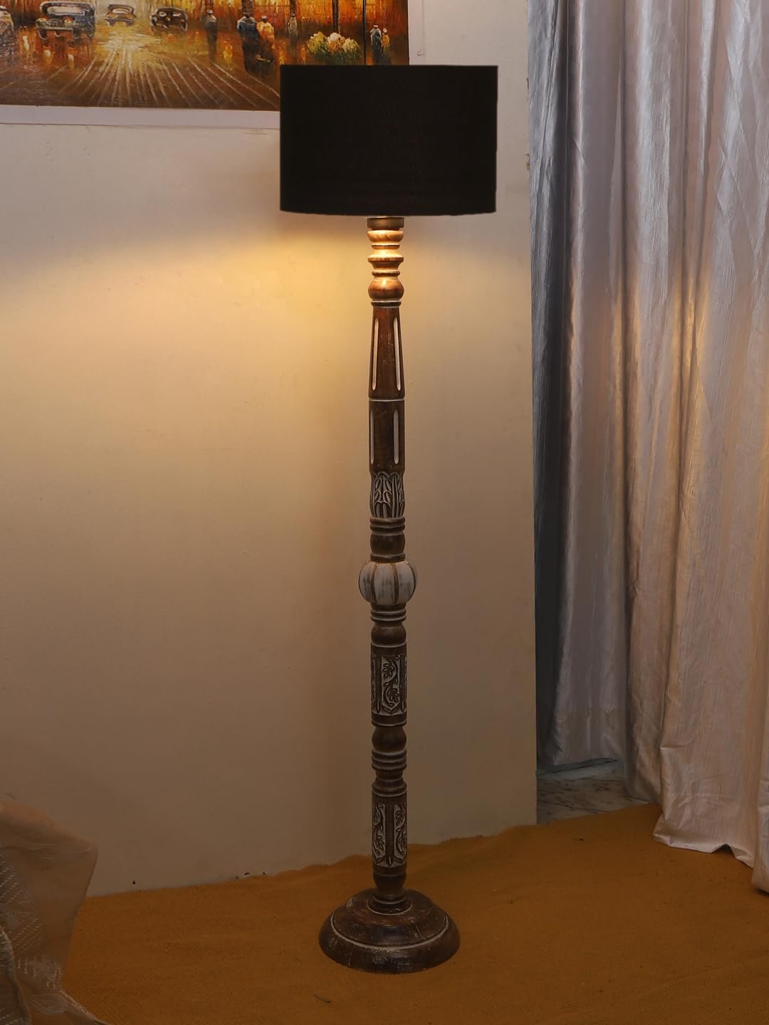 Black Cotton Drum Wooden Floor Lamp -2-(12x56.7inches)