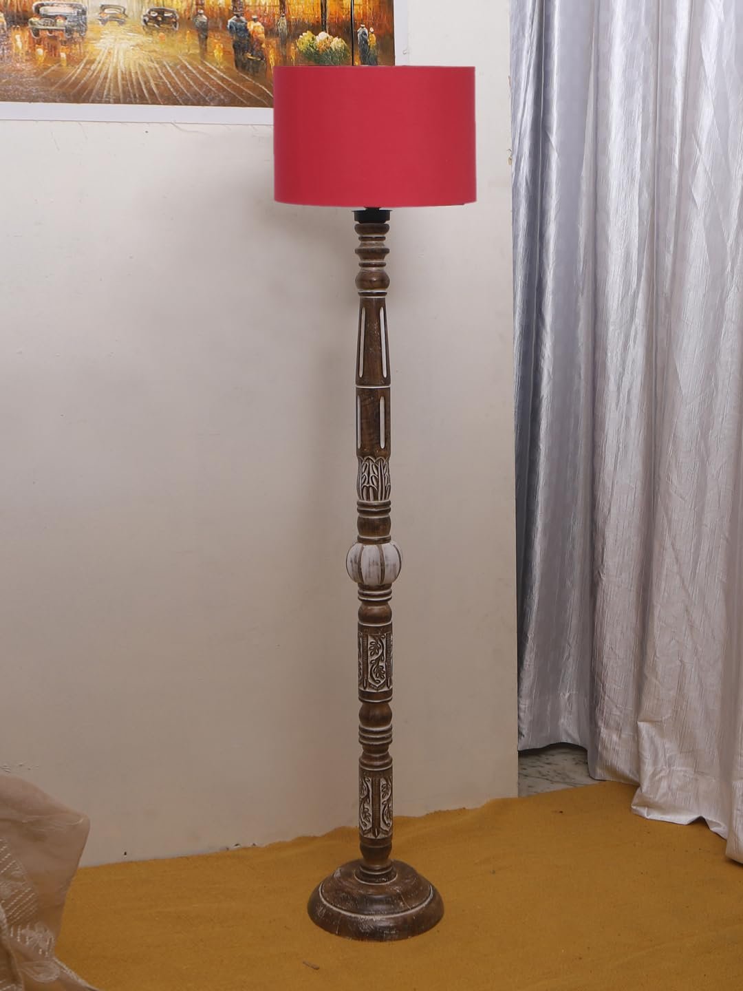 Red Cotton Drum Wooden Floor Lamp -3-(12x56.7 inches)