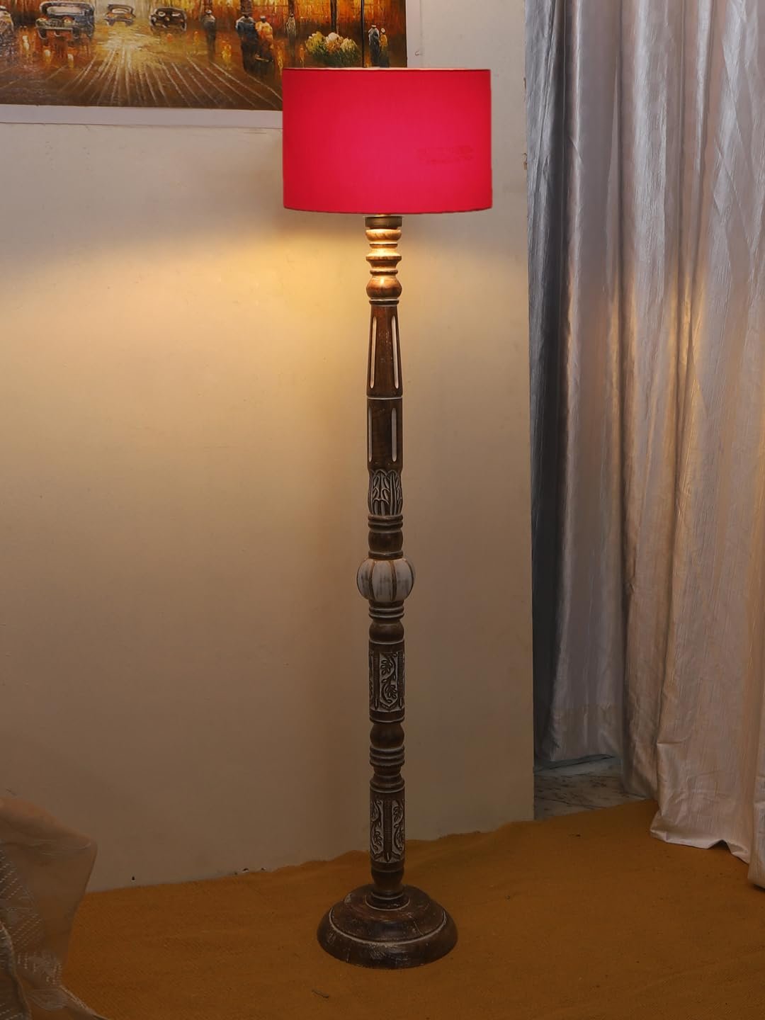 Red Cotton Drum Wooden Floor Lamp -3-(12x56.7 inches)