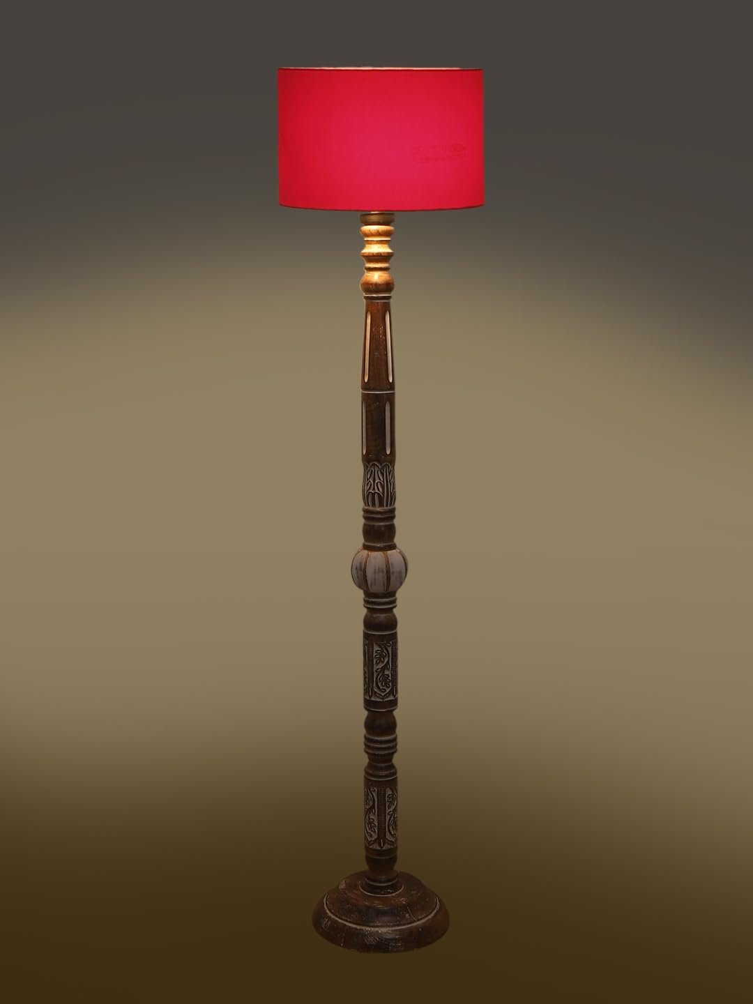 Red Cotton Drum Wooden Floor Lamp -3-(12x56.7 inches)