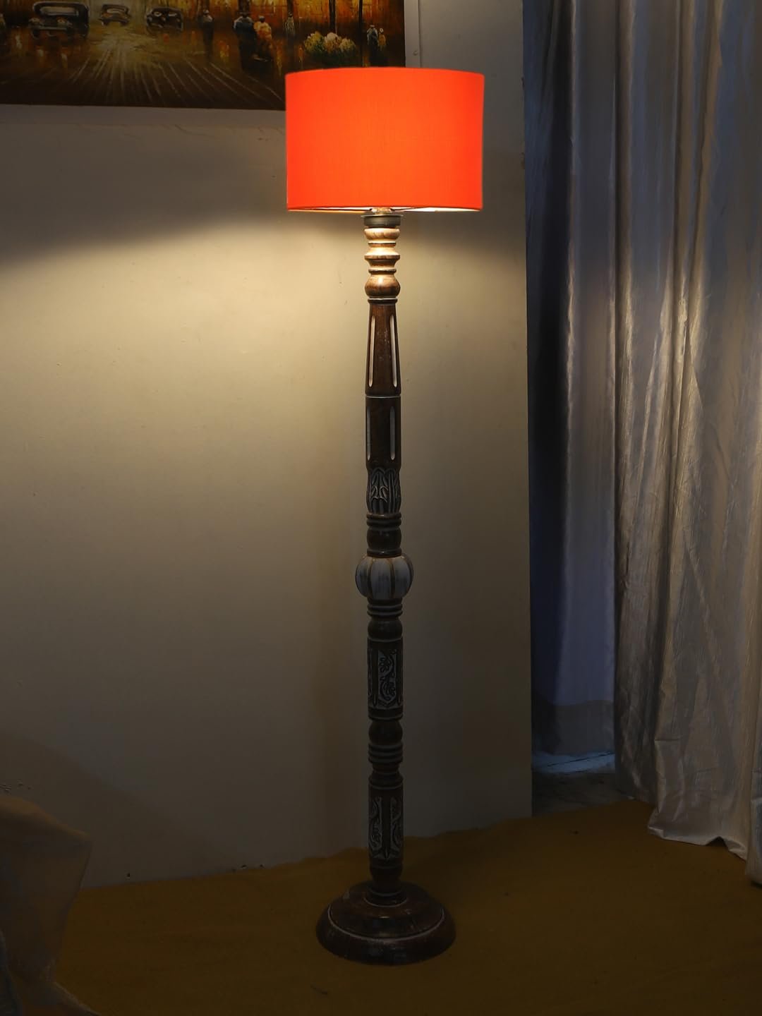 Orange Cotton Drum Wooden Floor Lamp -4-(12x56.7 inches)