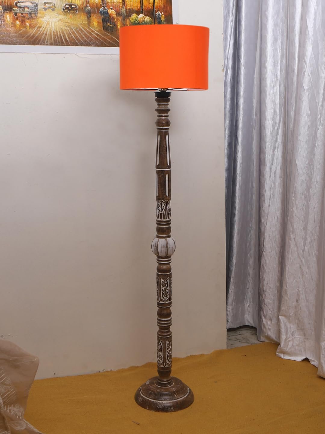 Orange Cotton Drum Wooden Floor Lamp -4-(12x56.7 inches)