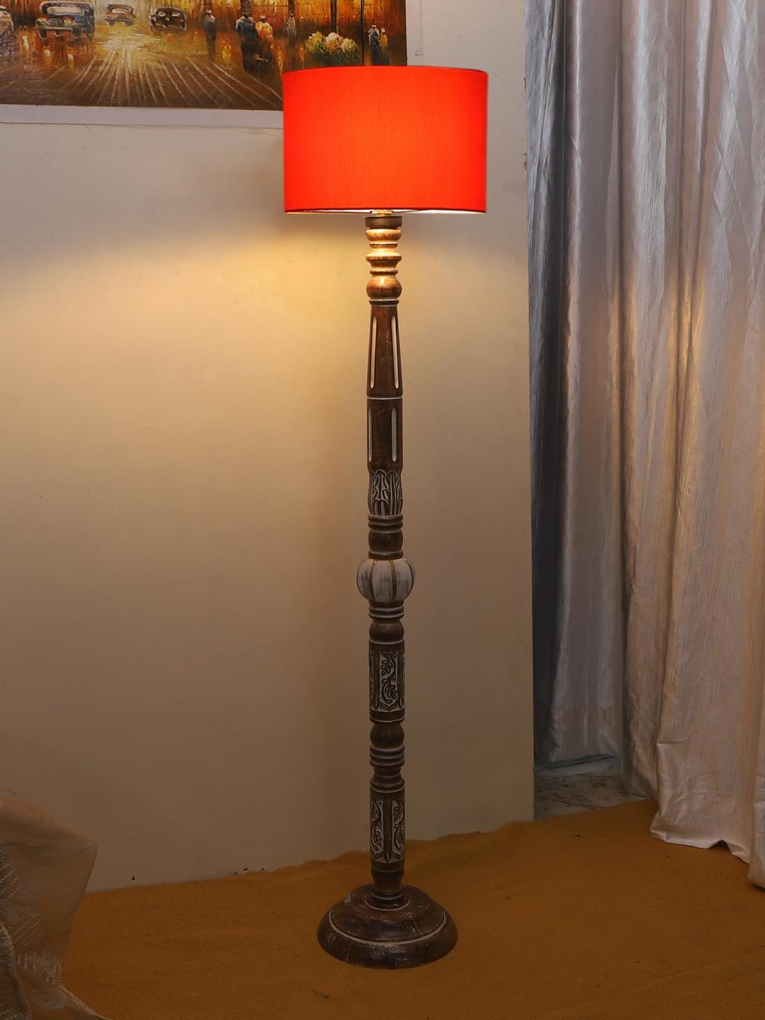 Orange Cotton Drum Wooden Floor Lamp -4-(12x56.7 inches)