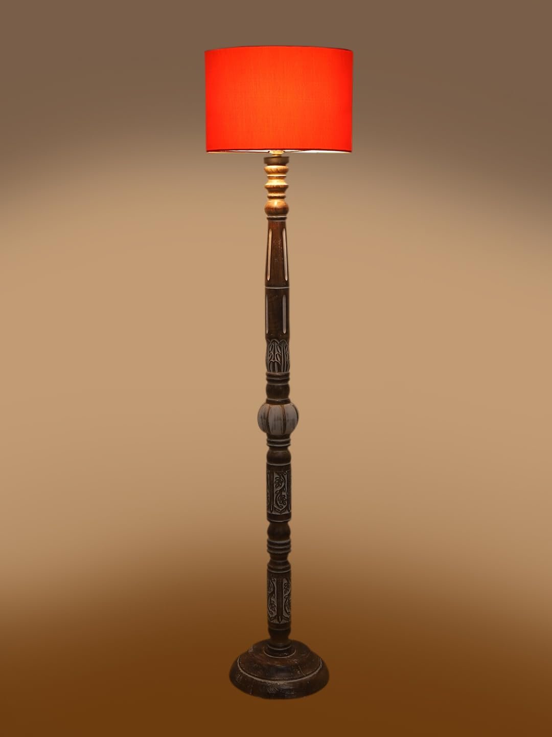 Orange Cotton Drum Wooden Floor Lamp -4-(12x56.7 inches)
