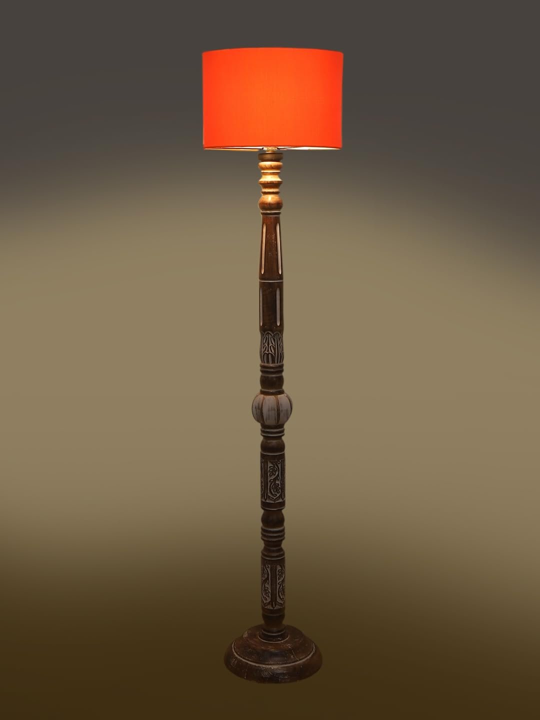 Orange Cotton Drum Wooden Floor Lamp -4-(12x56.7 inches)