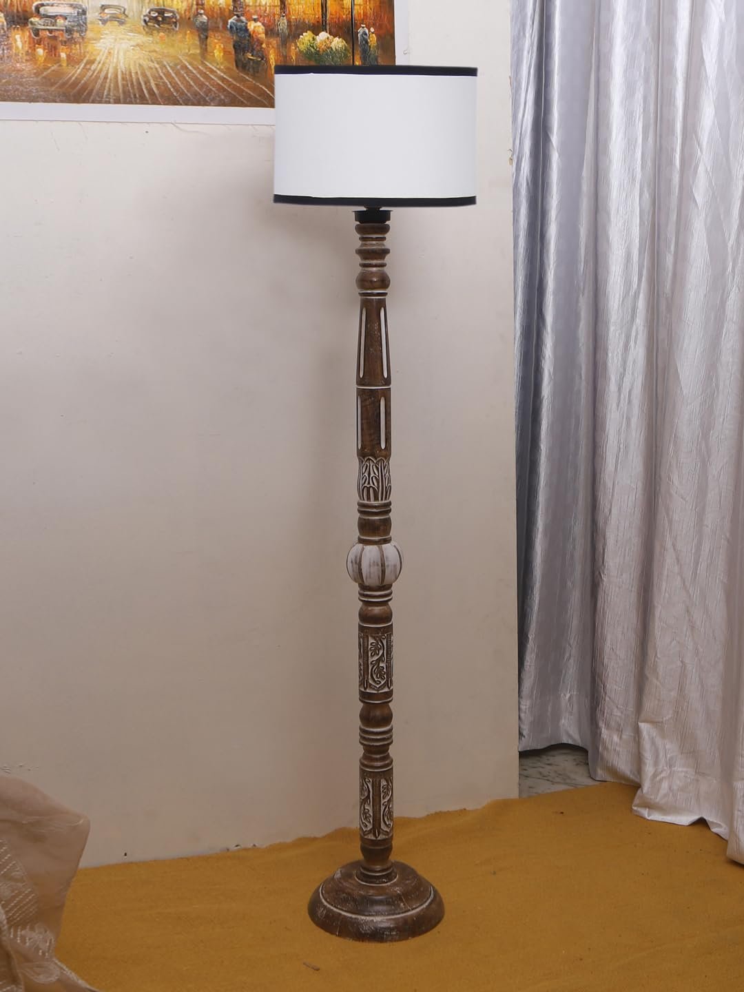 White & Black Cotton Drum Wooden Floor Lamp -7-(12x56.7inches)