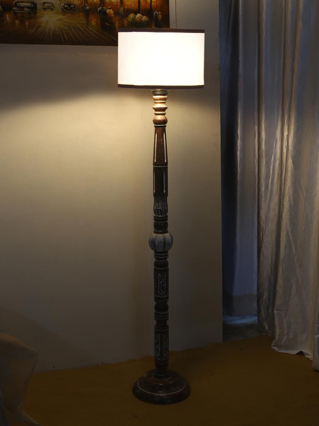White & Black Cotton Drum Wooden Floor Lamp -7-(12x56.7inches)