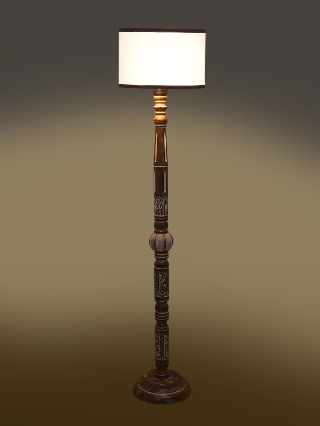 White & Black Cotton Drum Wooden Floor Lamp -7-(12x56.7inches)