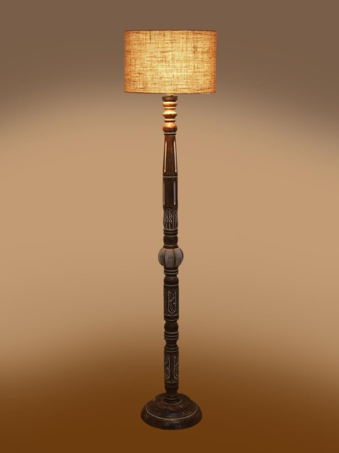 Beige Jute Drum Wooden Floor Lamp -8-(12x56.7inches)