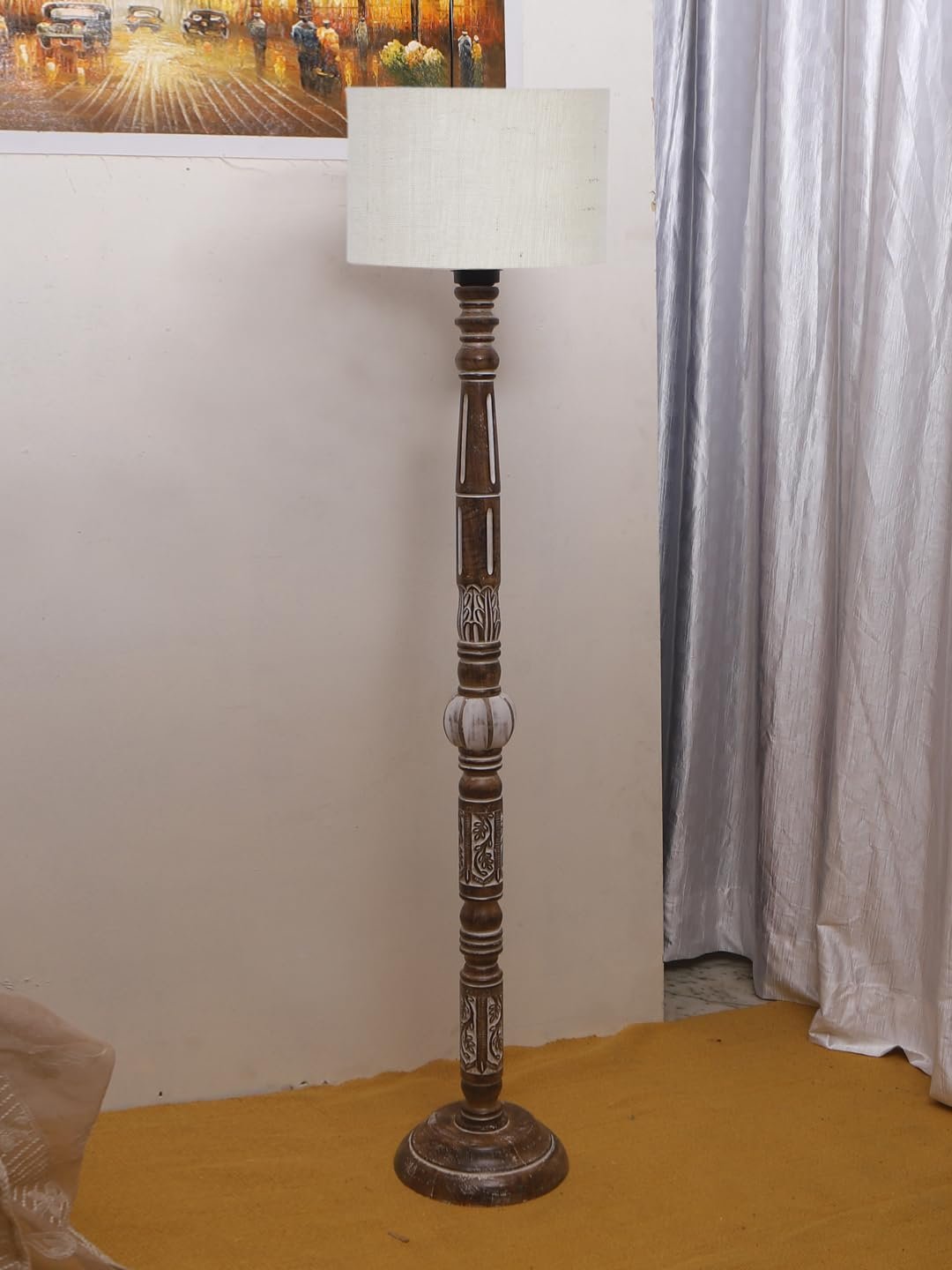 White Jute Drum Wooden Floor Lamp -9-(12x56.7inches)