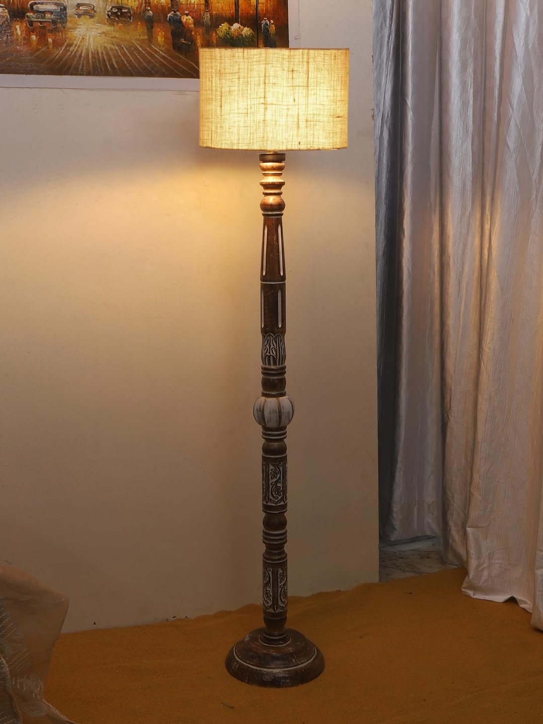 White Jute Drum Wooden Floor Lamp -9-(12x56.7inches)