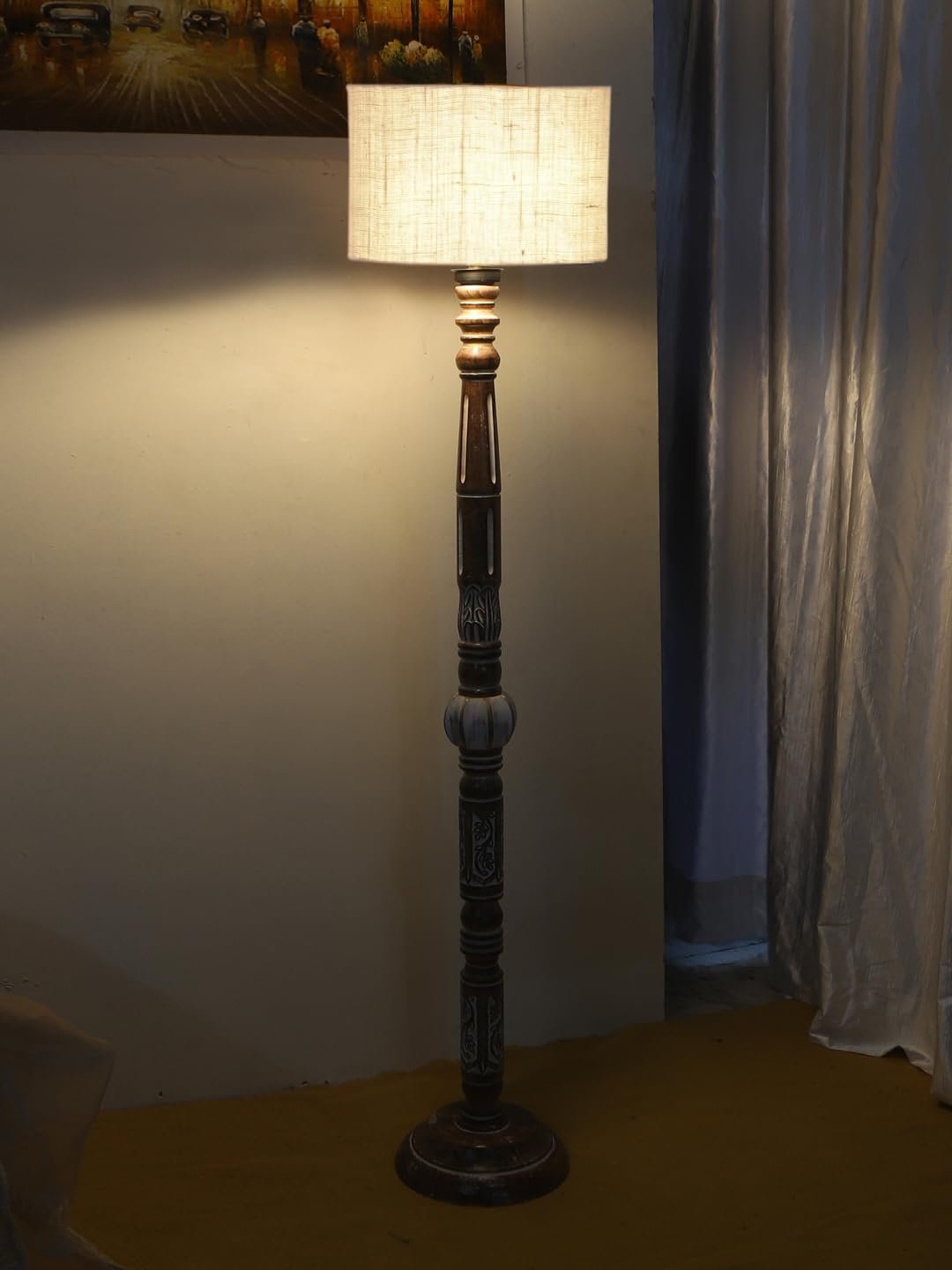 White Jute Drum Wooden Floor Lamp -9-(12x56.7inches)