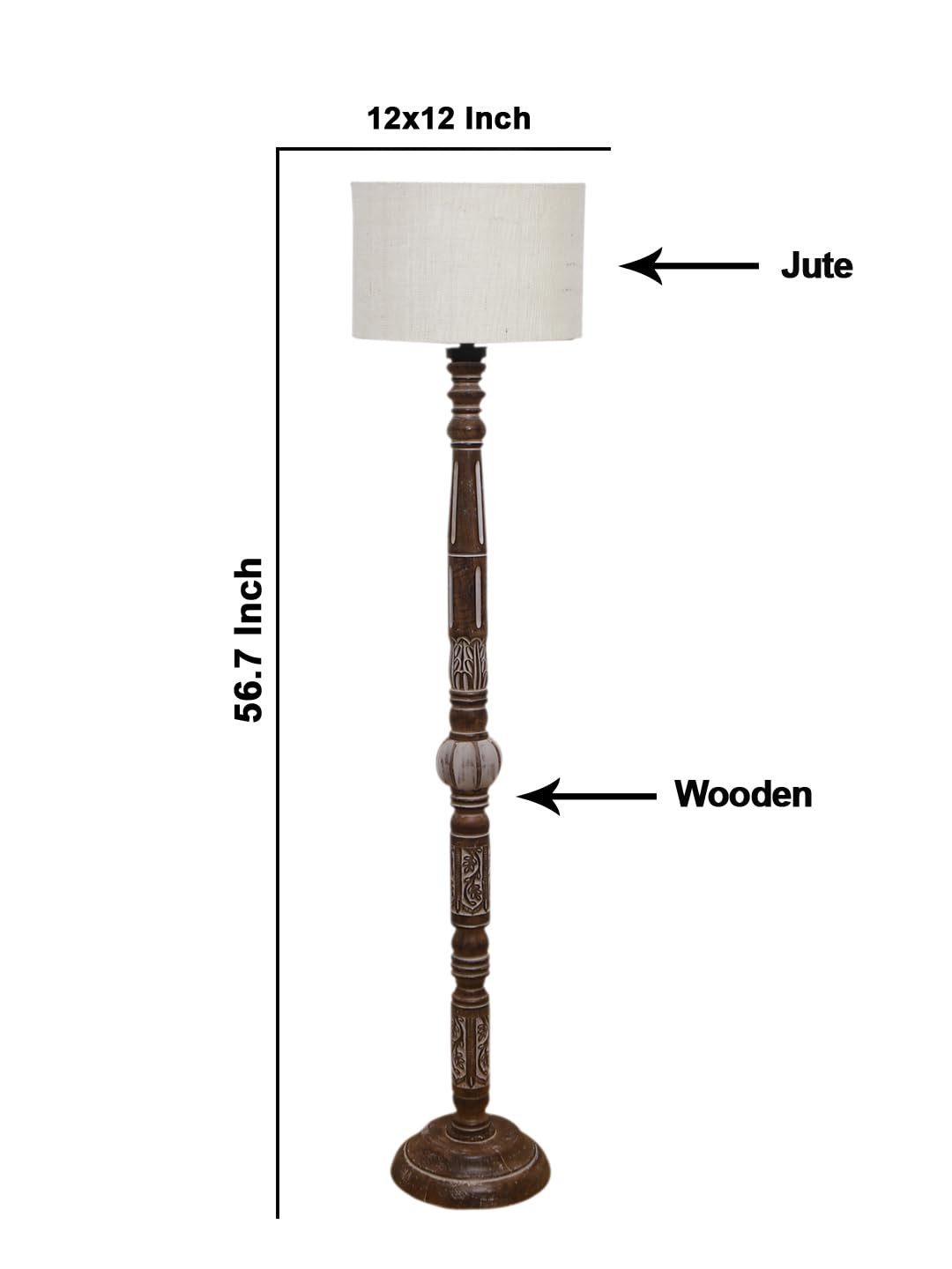 White Jute Drum Wooden Floor Lamp -9-(12x56.7inches)