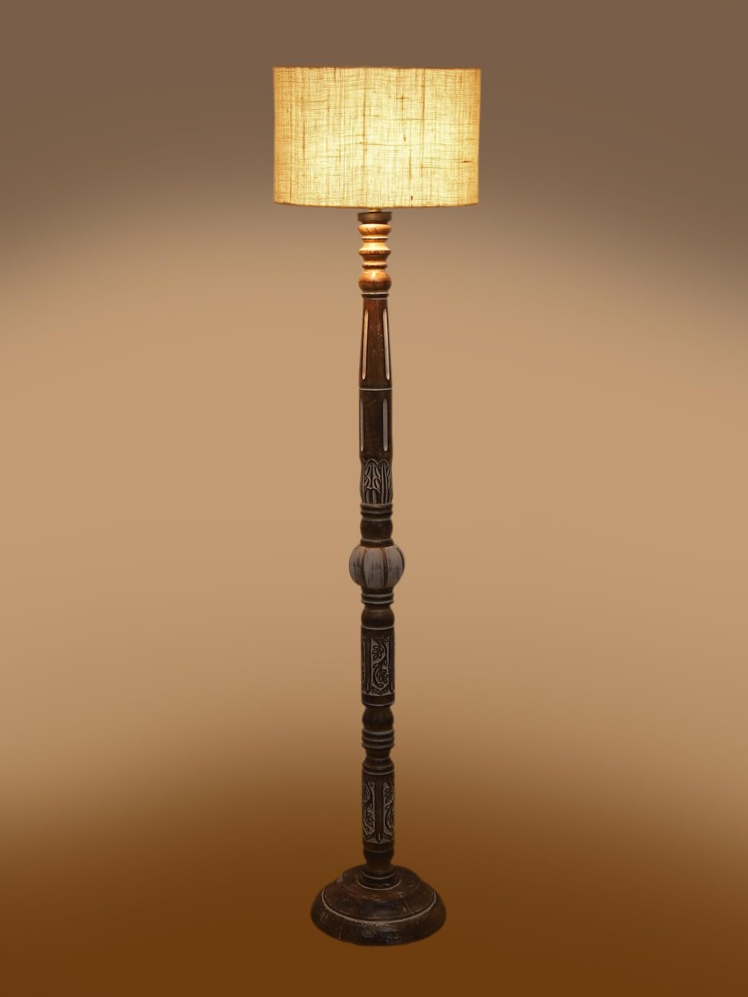 White Jute Drum Wooden Floor Lamp -9-(12x56.7inches)