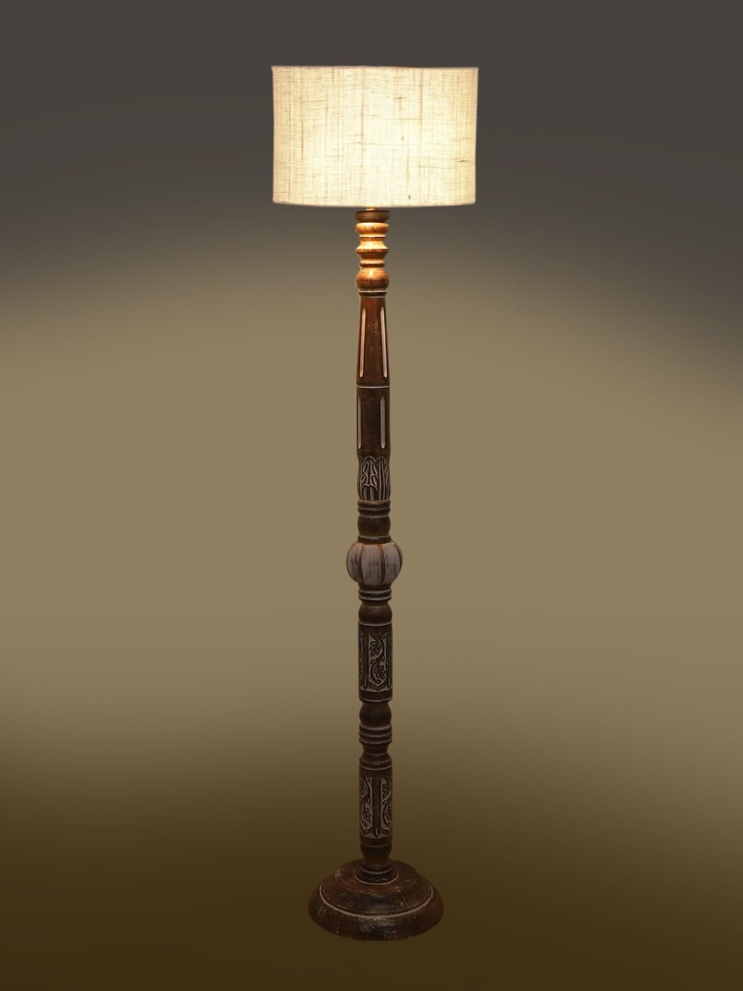 White Jute Drum Wooden Floor Lamp -9-(12x56.7inches)