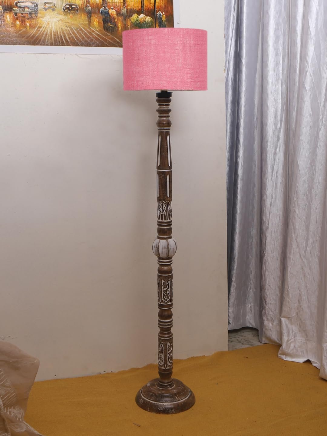 Pink Jute Drum Wooden Floor Lamp -10-(12x56.7inches)