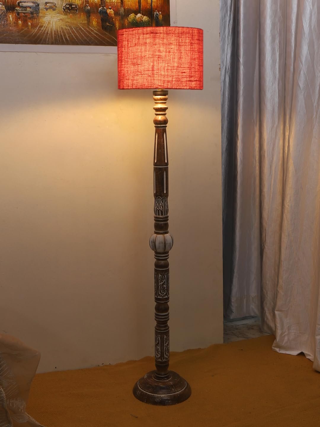 Pink Jute Drum Wooden Floor Lamp -10-(12x56.7inches)