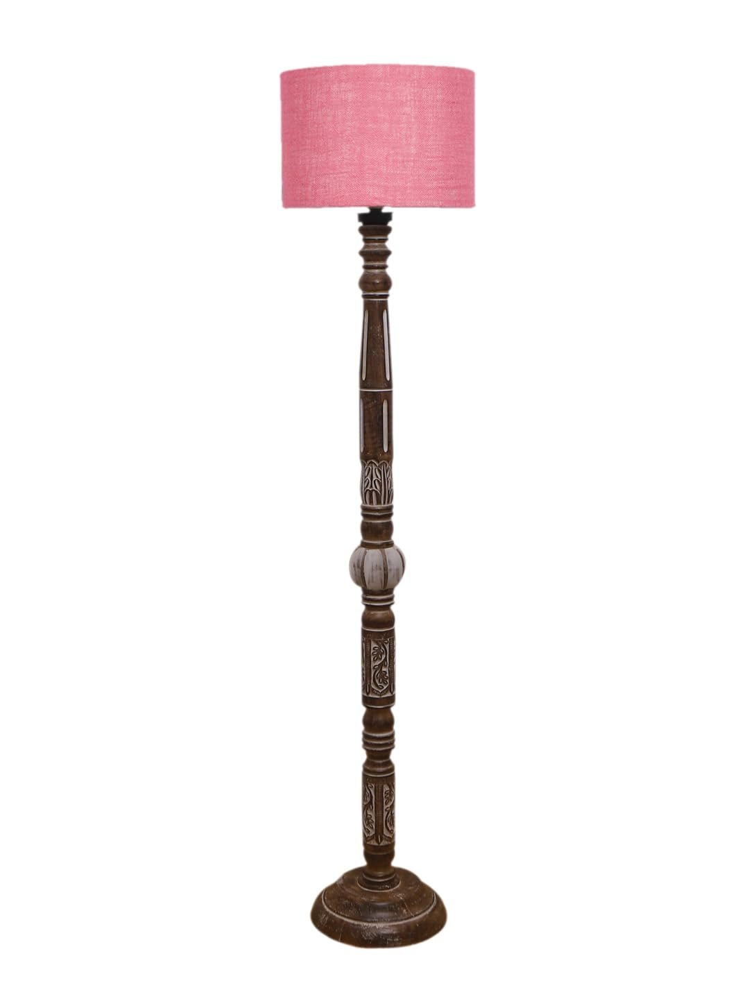 Pink Jute Drum Wooden Floor Lamp -10-(12x56.7inches)