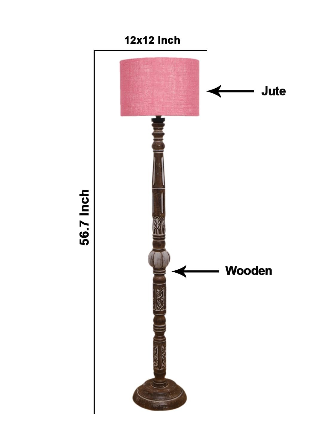 Pink Jute Drum Wooden Floor Lamp -10-(12x56.7inches)