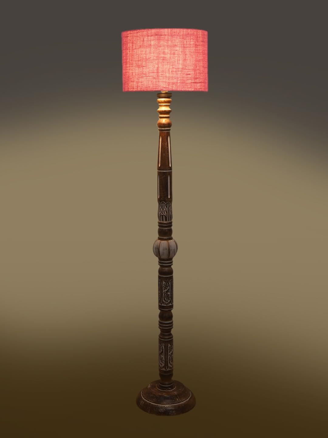 Pink Jute Drum Wooden Floor Lamp -10-(12x56.7inches)
