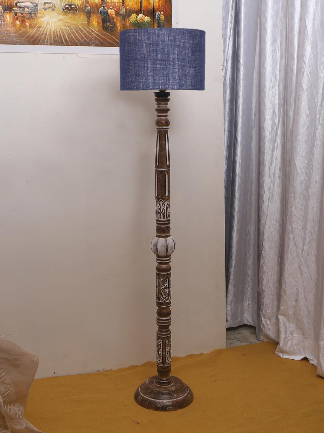 Blue Jute Drum Wooden Floor Lamp -11-(12x56.7inches)