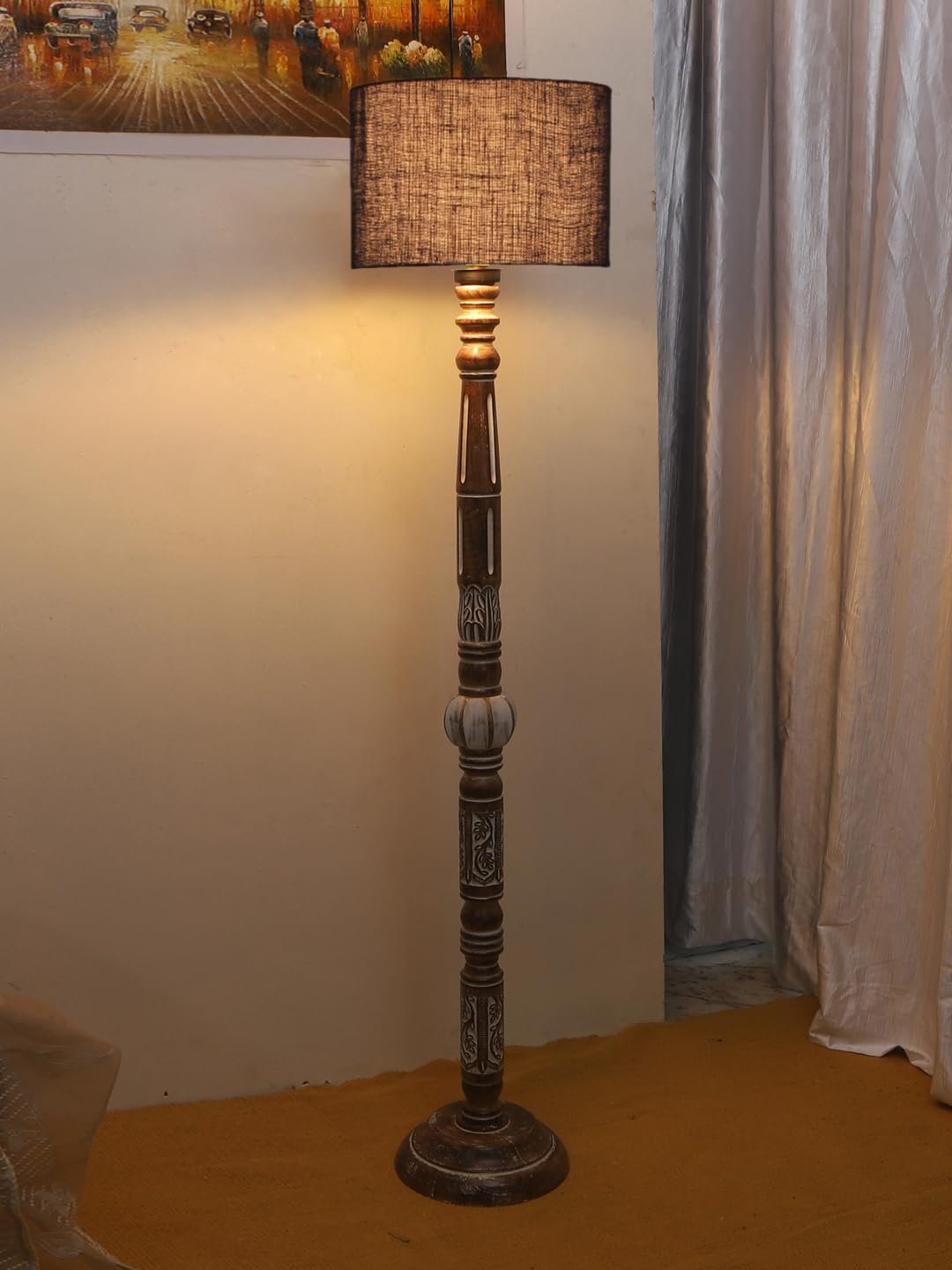 Blue Jute Drum Wooden Floor Lamp -11-(12x56.7inches)