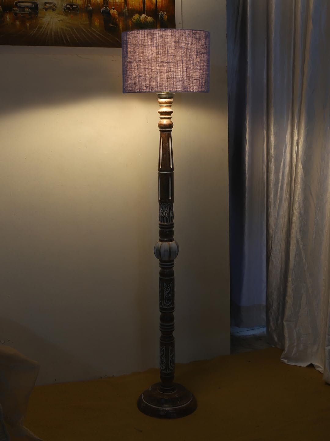 Blue Jute Drum Wooden Floor Lamp -11-(12x56.7inches)